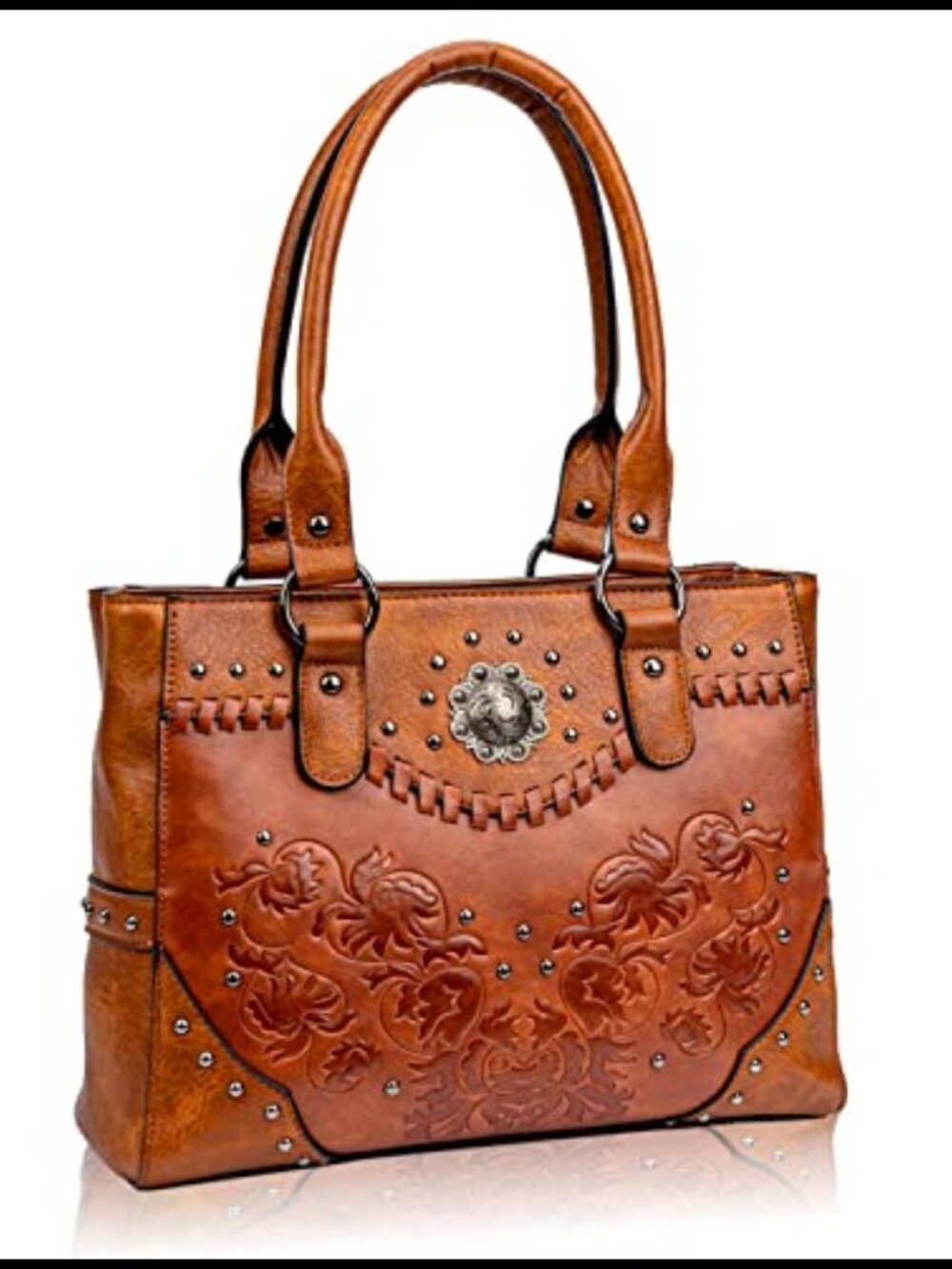 Large Western Tote Bag Satchel Top Handle Purse Embossed Concho Studs